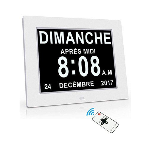 (White) Calendar Memory Loss Day Clock with Digital Photo Frame Extra Large Non-Abbreviated Day Month 8 Inch