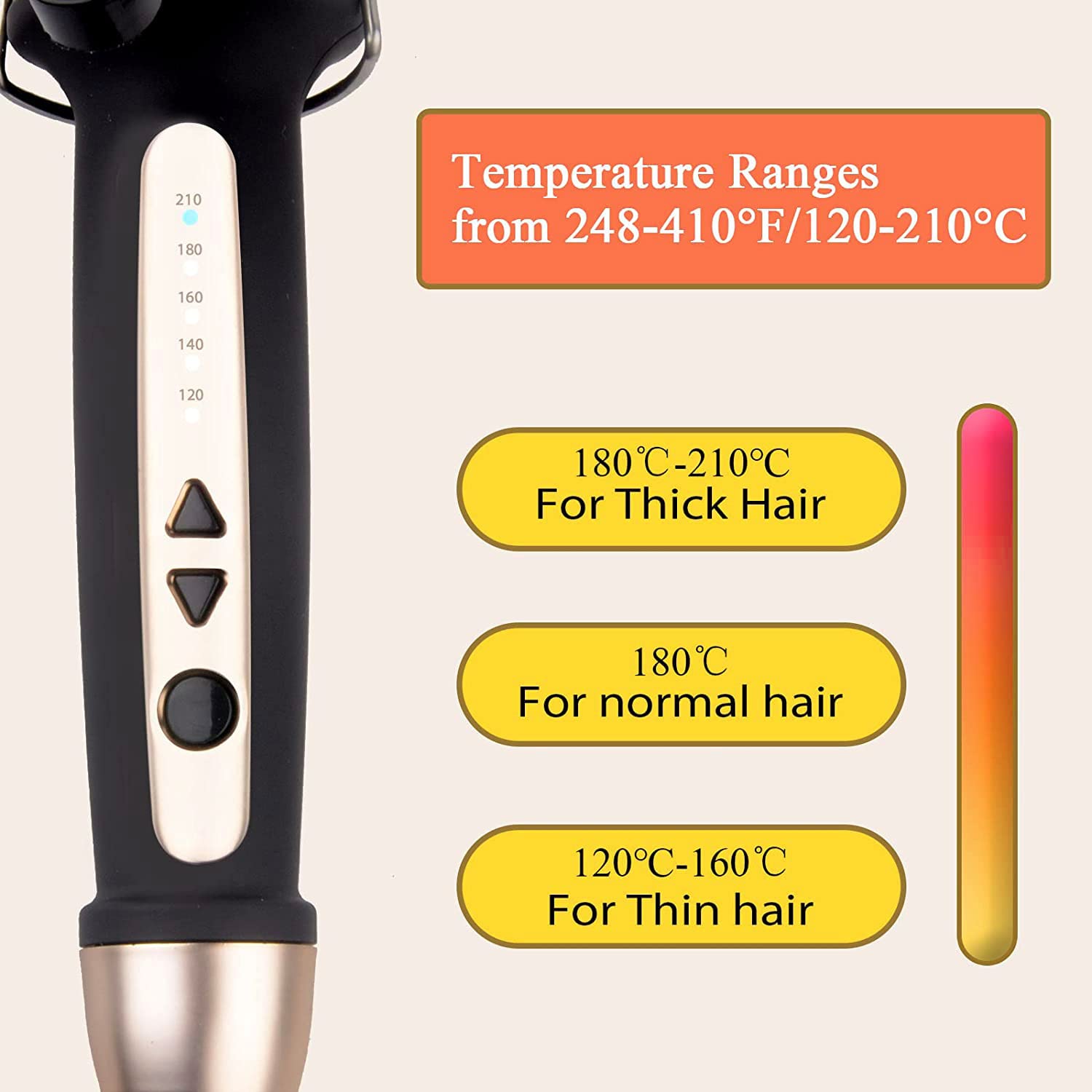38mm Curling Wand Hair Curler Large Barrel Curling Iron Curling Tongs Adjustable Auto-Off
