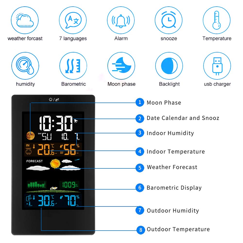 Wireless Weather Station Clock Indoor Outdoor Weather Forecaster with Sensor Digital Thermometer Humidity Barometric Pressure Ice Alert
