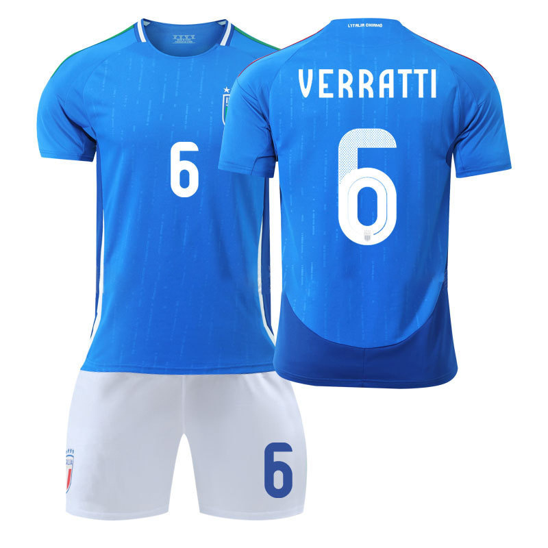 (Kids 2~3 Years) Italy Home Football Kit with No. 6 Verratti Jersey Set Football Shirt Kids European Cup 2024 Boy Girl Tshirt Activewear Soccer Jersey Sports Tracksuit