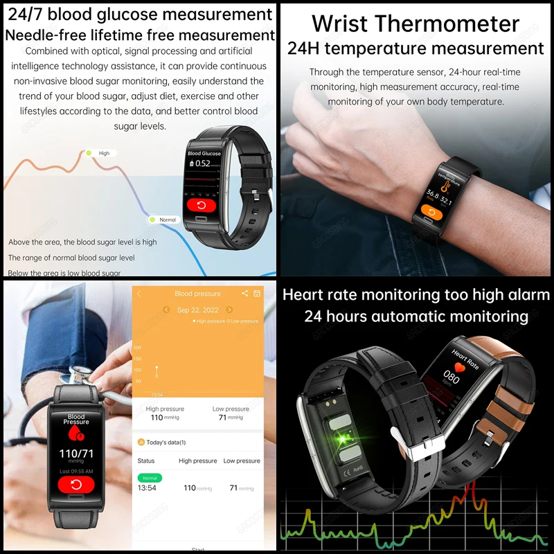 (Blue) Health Blood Sugar Smart Bracelet IP68 Sport Smartwatch ECG Blood Pressure Heart Rate Smart Watch