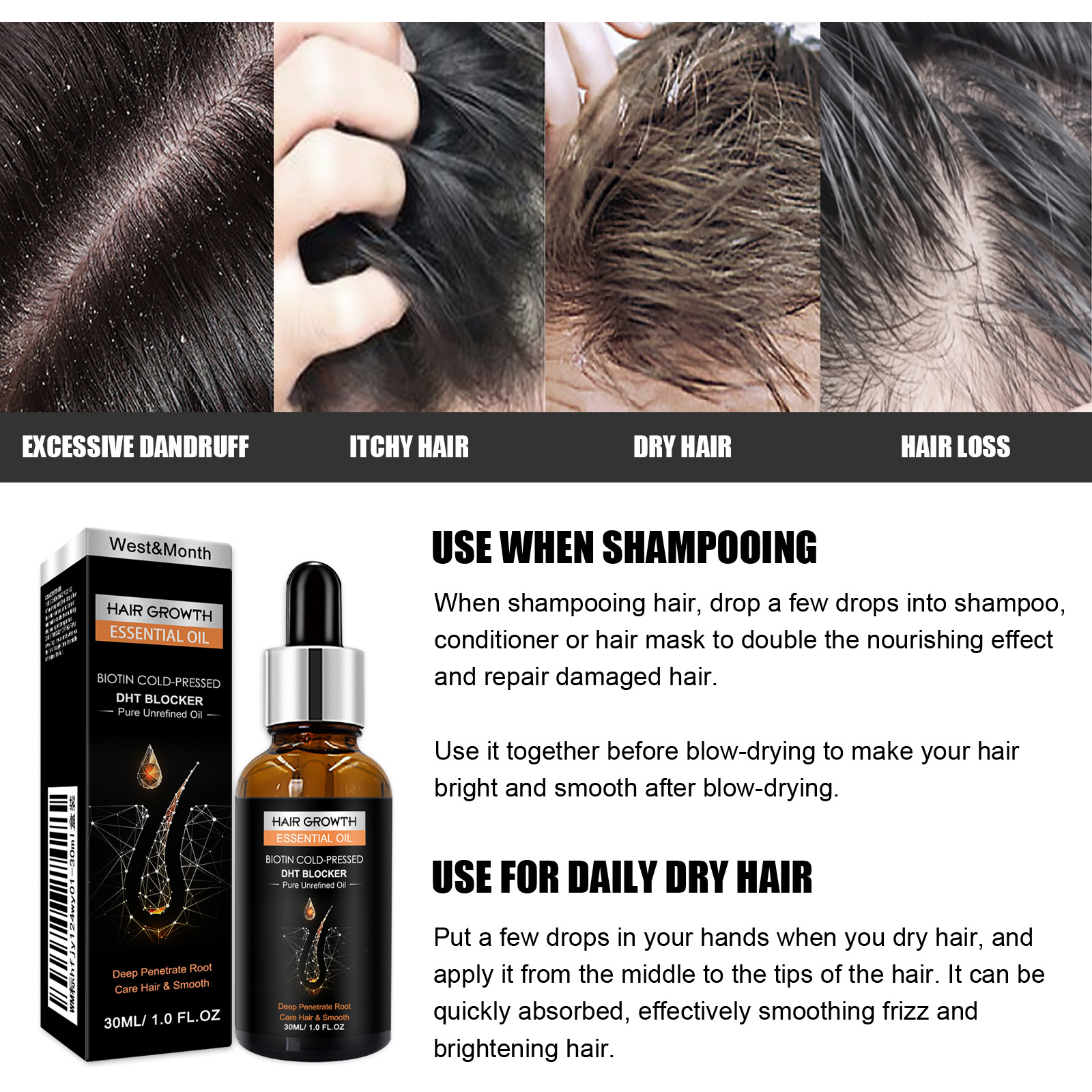 Hair Growth Essential Oil Biotin Cold-Pressed DHT Blocker Thick Hair Growth Shampoo Anti-Hair Loss Conditioner Repair Dry Hair Moisture Hair Essence 30ml