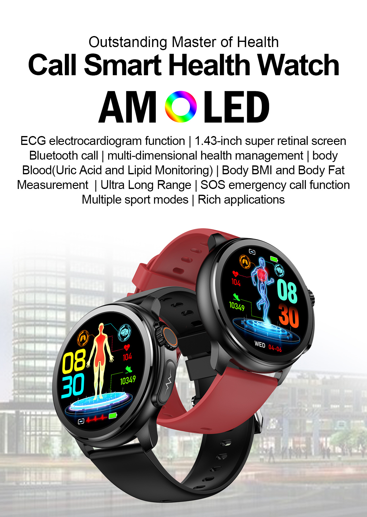 (Black Silicone) Smart Watch ECG Heart Rate Health Monitoring 1.43inch Amoled Screen IP68 Waterproof BT Call Outdoor Sport Smartwatch for Men
