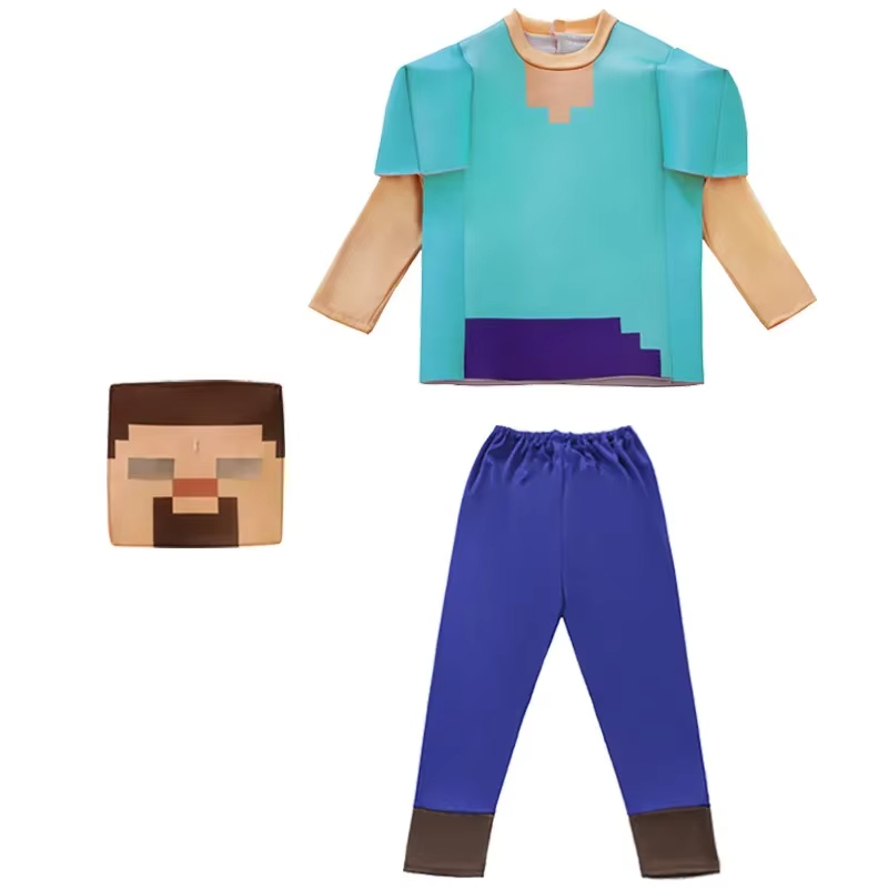 (S 105~115cm) MC Fabric Professional-grade Performance Costume for Gamers Creeper Steve Stage Costume