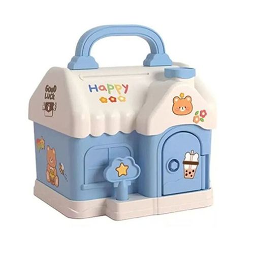 Piggy Bank House-Shaped Money Box Plastic Safe Bank Toy Coin Saving Box Key Lock Portable Coin Ban Blue
