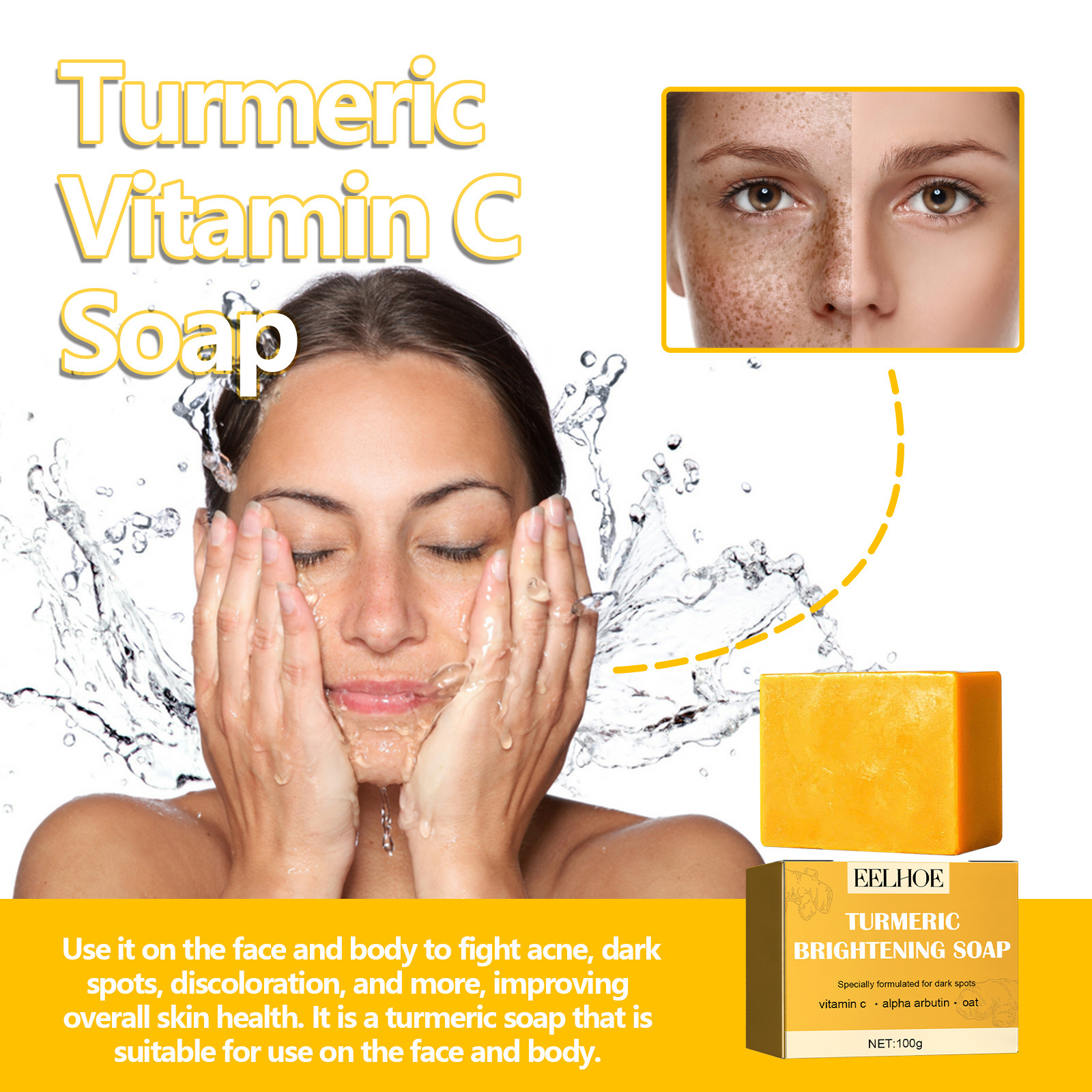 (1 PC) Turmeric Bar Soap Oil Control Vitamin C Face Skin Cleaning Pores Shrink Nourish Brightening Face Lightening Soap Brightens Skin Moisturizes