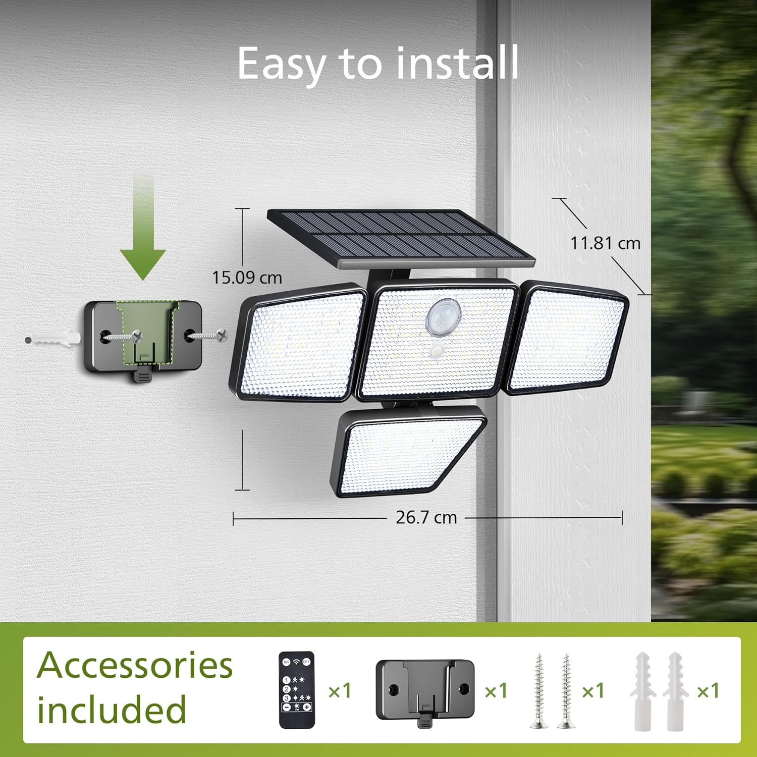 (1 PCS) Solar Security Light Outdoor 196 LED Wall-Mounted Flood Light w PIR Motion Sensor 3 Modes 4 Adjustable Heads Solar-Powered Floodlights with Remote Control IP65 