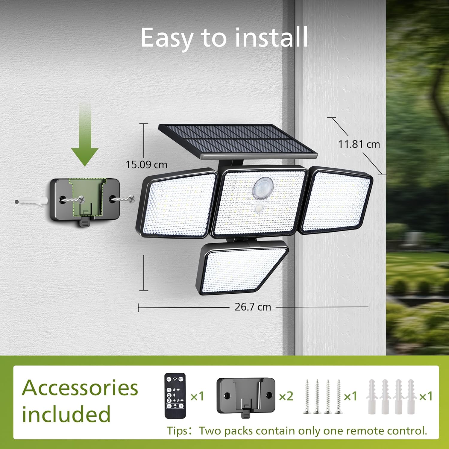 (1 PCS) Solar Security Light Outdoor 196 LED Wall-Mounted Flood Light w PIR Motion Sensor 3 Modes 4 Adjustable Heads Solar-Powered Floodlights with Remote Control IP65 