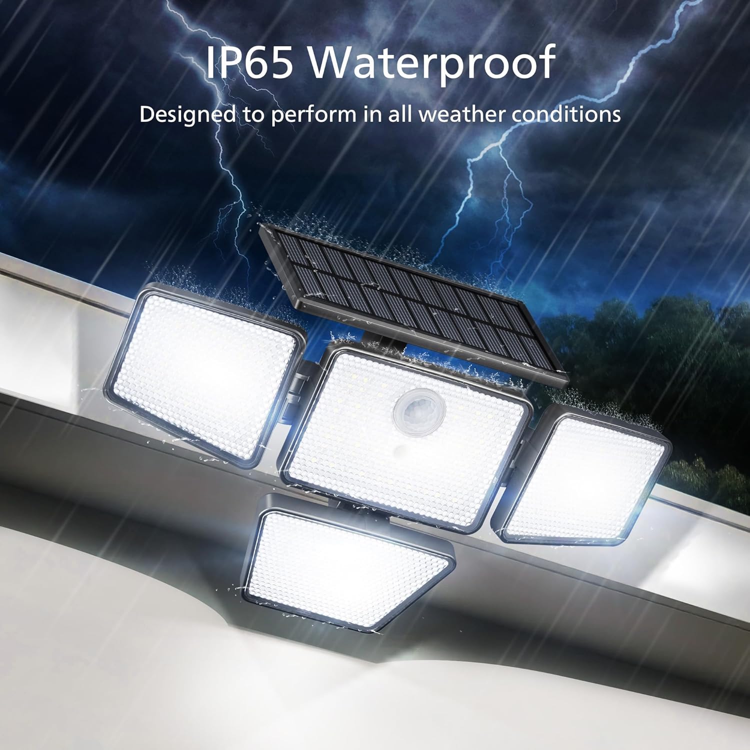 (1 PCS) Solar Security Light Outdoor 196 LED Wall-Mounted Flood Light w PIR Motion Sensor 3 Modes 4 Adjustable Heads Solar-Powered Floodlights with Remote Control IP65 