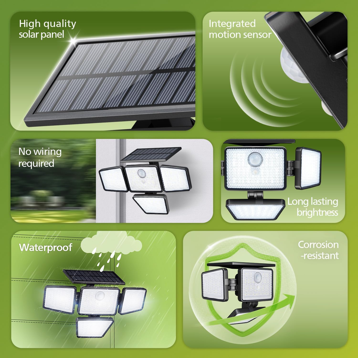 (1 PCS) Solar Security Light Outdoor 196 LED Wall-Mounted Flood Light w PIR Motion Sensor 3 Modes 4 Adjustable Heads Solar-Powered Floodlights with Remote Control IP65 