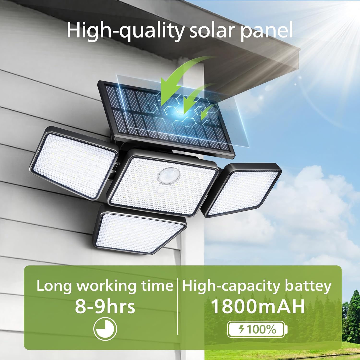 (1 PCS) Solar Security Light Outdoor 196 LED Wall-Mounted Flood Light w PIR Motion Sensor 3 Modes 4 Adjustable Heads Solar-Powered Floodlights with Remote Control IP65 