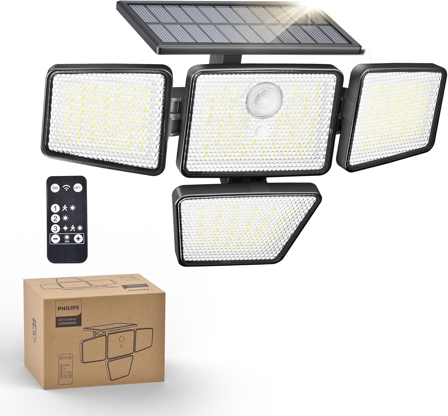 (1 PCS) Solar Security Light Outdoor 196 LED Wall-Mounted Flood Light w PIR Motion Sensor 3 Modes 4 Adjustable Heads Solar-Powered Floodlights with Remote Control IP65 