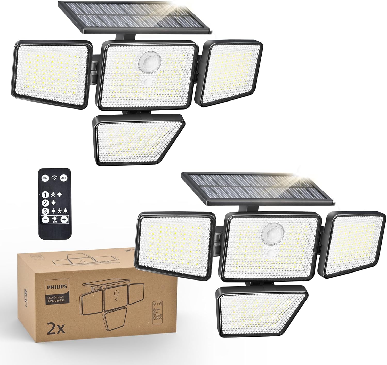 (1 PCS) Solar Security Light Outdoor 196 LED Wall-Mounted Flood Light w PIR Motion Sensor 3 Modes 4 Adjustable Heads Solar-Powered Floodlights with Remote Control IP65 