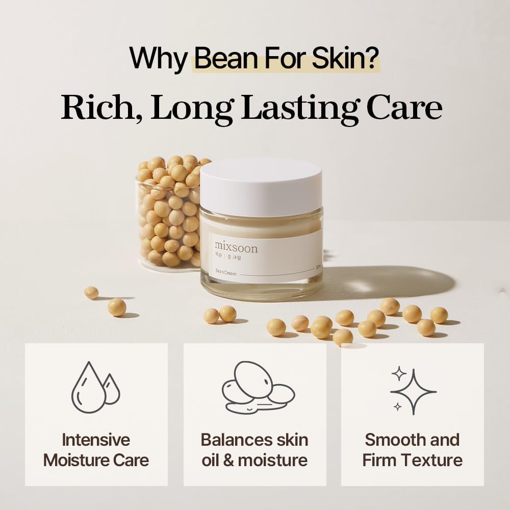 mixsoon Bean Cream-Deep Moisturizer Face Cream Hydrating and Smoothing Face Fermented Soybean Extract Lightweight Non-Sticky Finish 50ml Korean Glass Skin Care