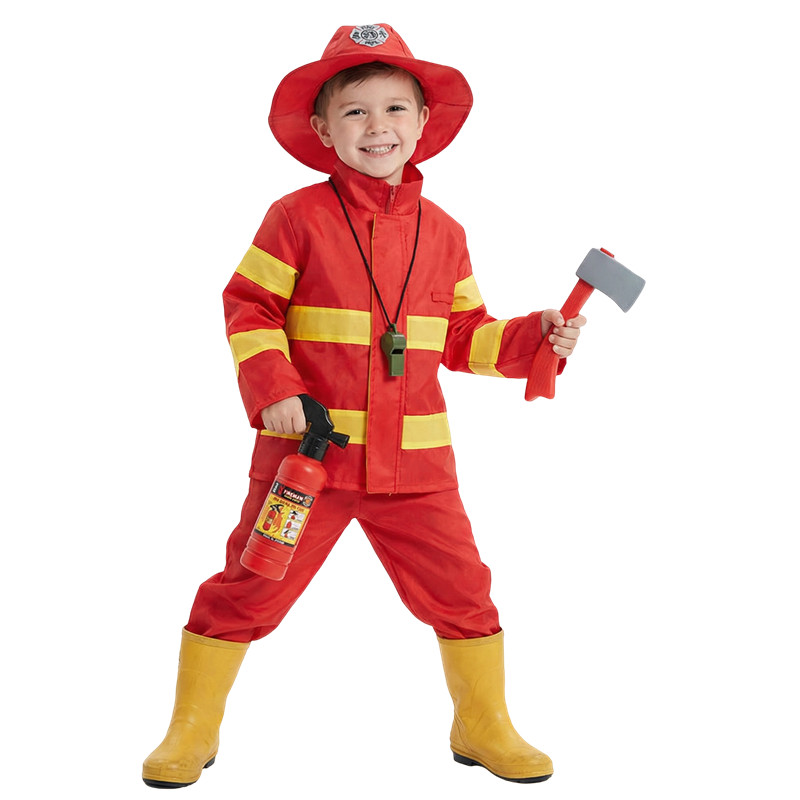 (110CM) Childrens Fireman Hero Costume Outfit Complete Set for Halloween Cosplay Party Pretend Play Dress Up Toy Gift
