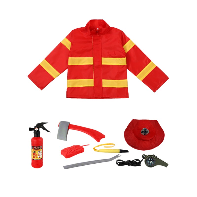 (110CM) Childrens Fireman Hero Costume Outfit Complete Set for Halloween Cosplay Party Pretend Play Dress Up Toy Gift