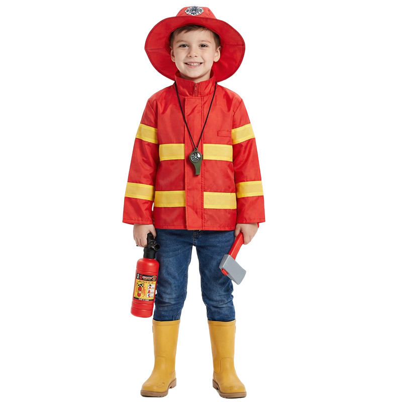 (110CM) Childrens Fireman Hero Costume Outfit Complete Set for Halloween Cosplay Party Pretend Play Dress Up Toy Gift
