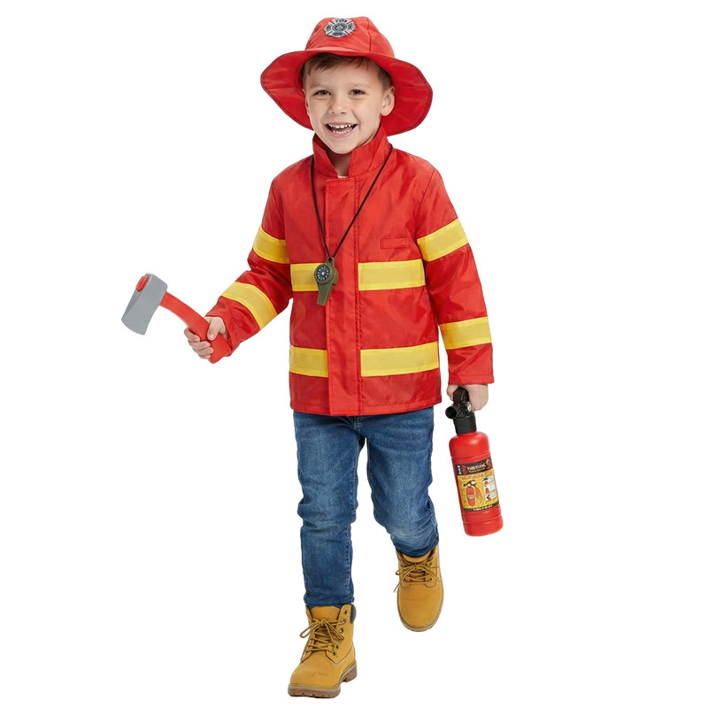 (110CM) Childrens Fireman Hero Costume Outfit Complete Set for Halloween Cosplay Party Pretend Play Dress Up Toy Gift