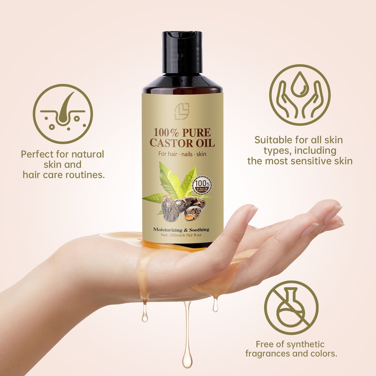Pure Castor Oil For Hair Growth Nourishing And Body Massage Daily Scalp And Skin Conditioning Treatment 200ml