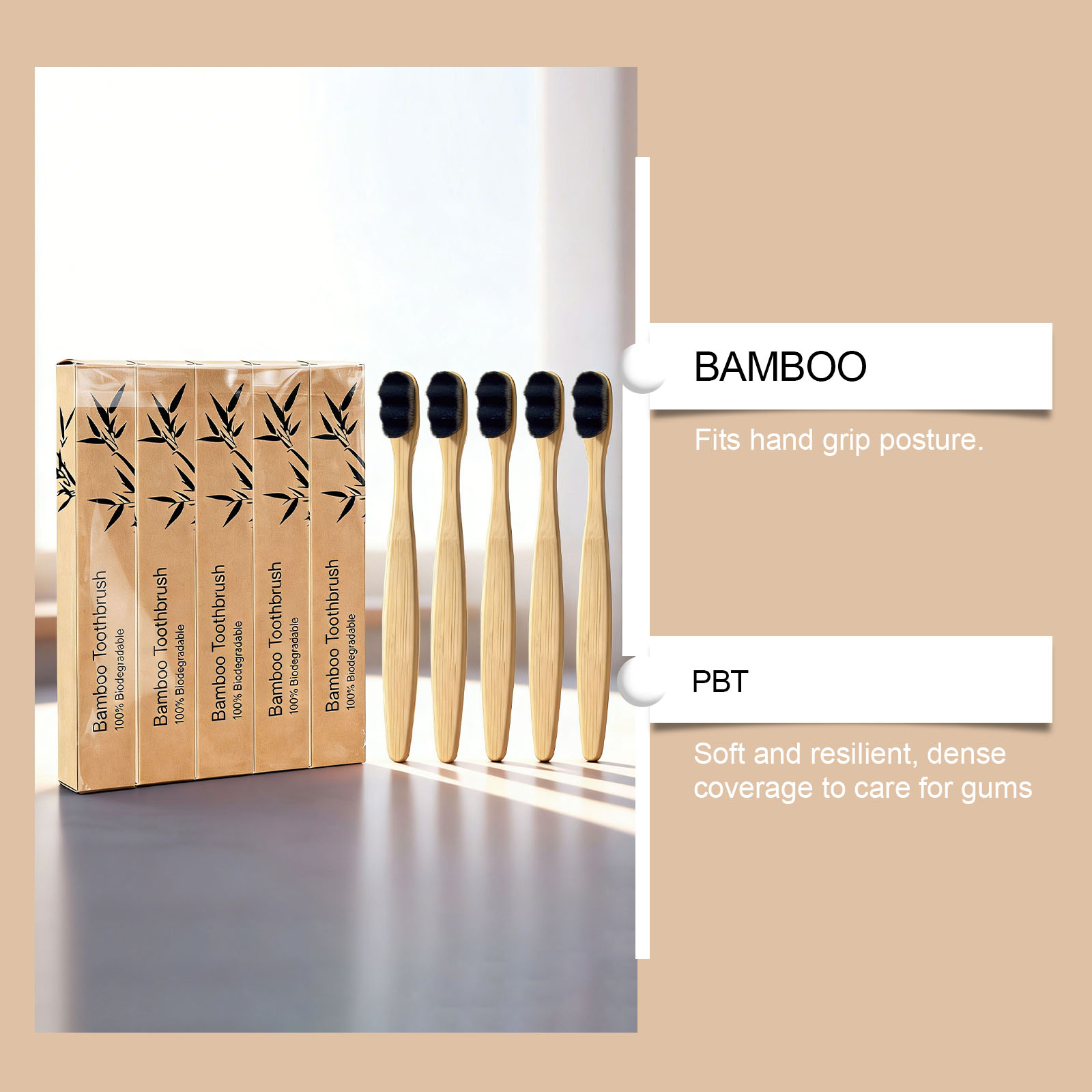 (Black) Soft Fine Bristle Flat Bamboo Toothbrush Gentle Cleansing Manual Lightweight Handle For Daily Household Use
