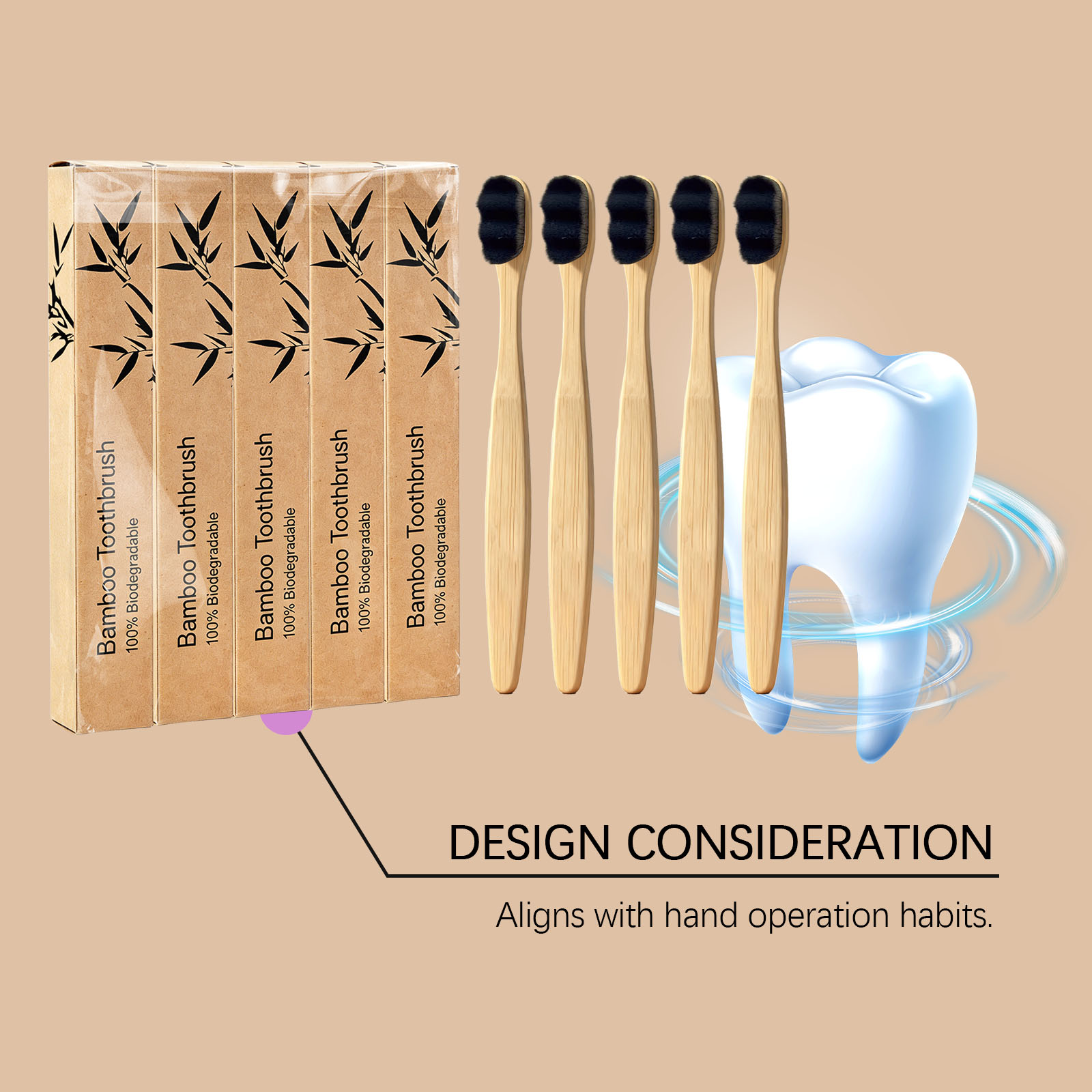 (Black) Soft Fine Bristle Flat Bamboo Toothbrush Gentle Cleansing Manual Lightweight Handle For Daily Household Use