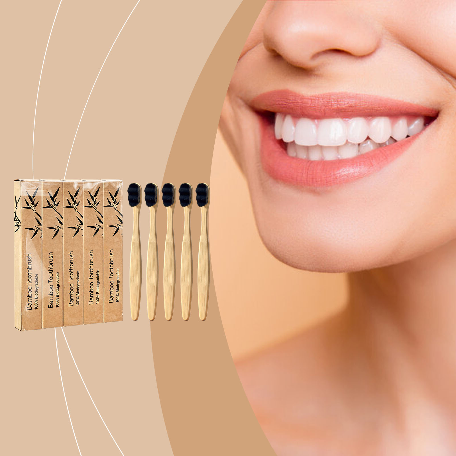 (Black) Soft Fine Bristle Flat Bamboo Toothbrush Gentle Cleansing Manual Lightweight Handle For Daily Household Use