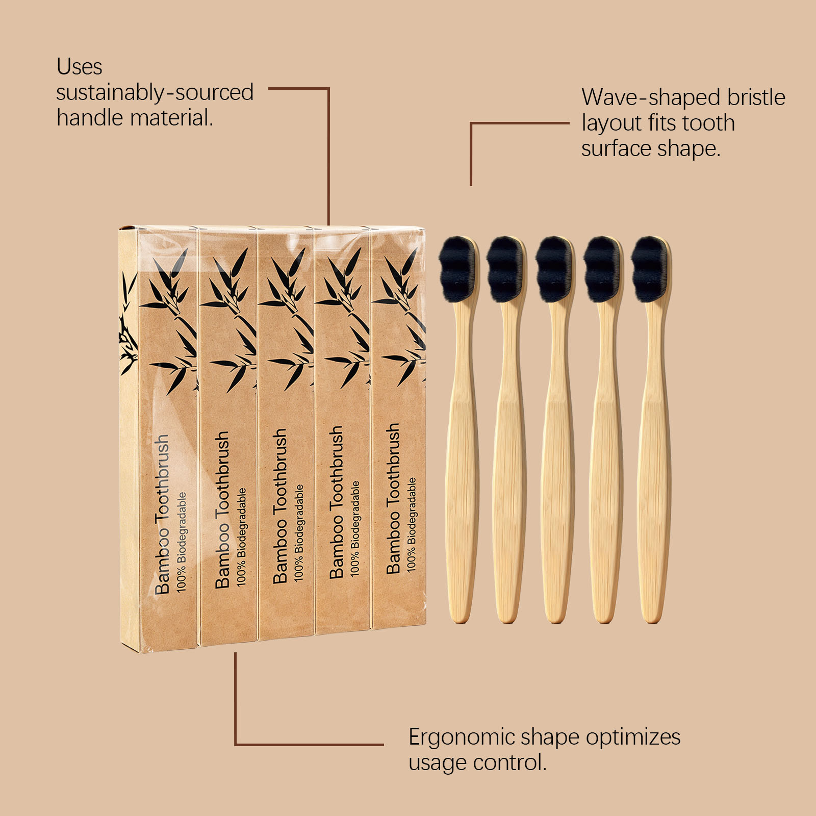 (Black) Soft Fine Bristle Flat Bamboo Toothbrush Gentle Cleansing Manual Lightweight Handle For Daily Household Use