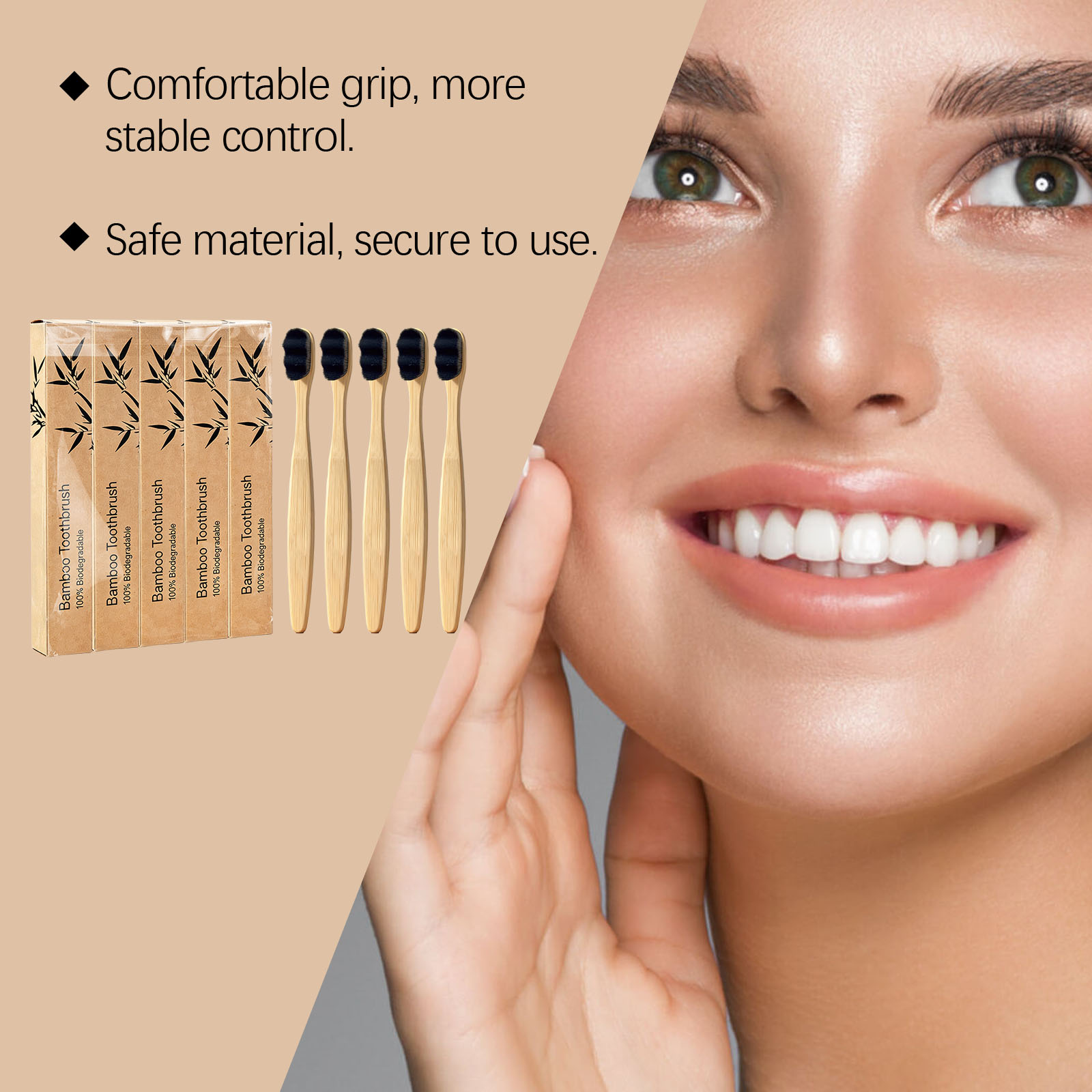 (Black) Soft Fine Bristle Flat Bamboo Toothbrush Gentle Cleansing Manual Lightweight Handle For Daily Household Use