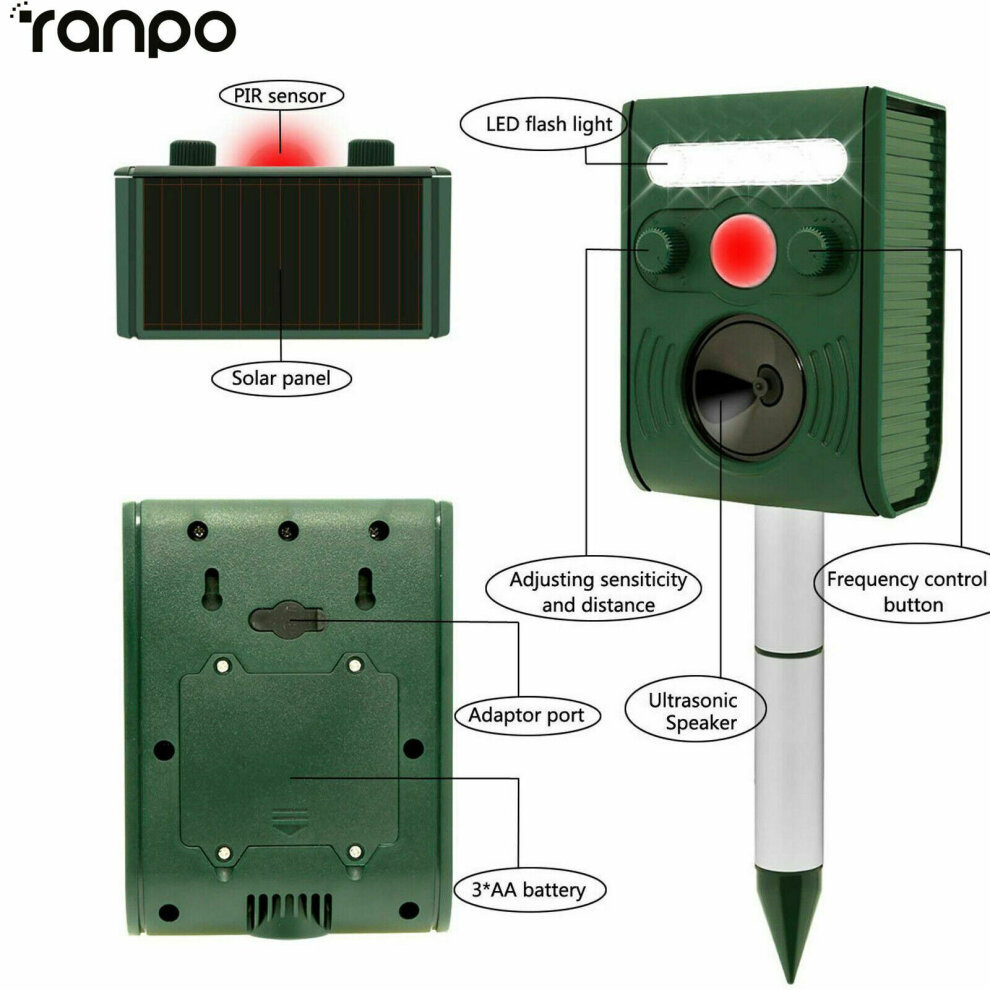 Solar Powered Ultrasonic Outdoor Pest Animal Repeller Activated Repellent