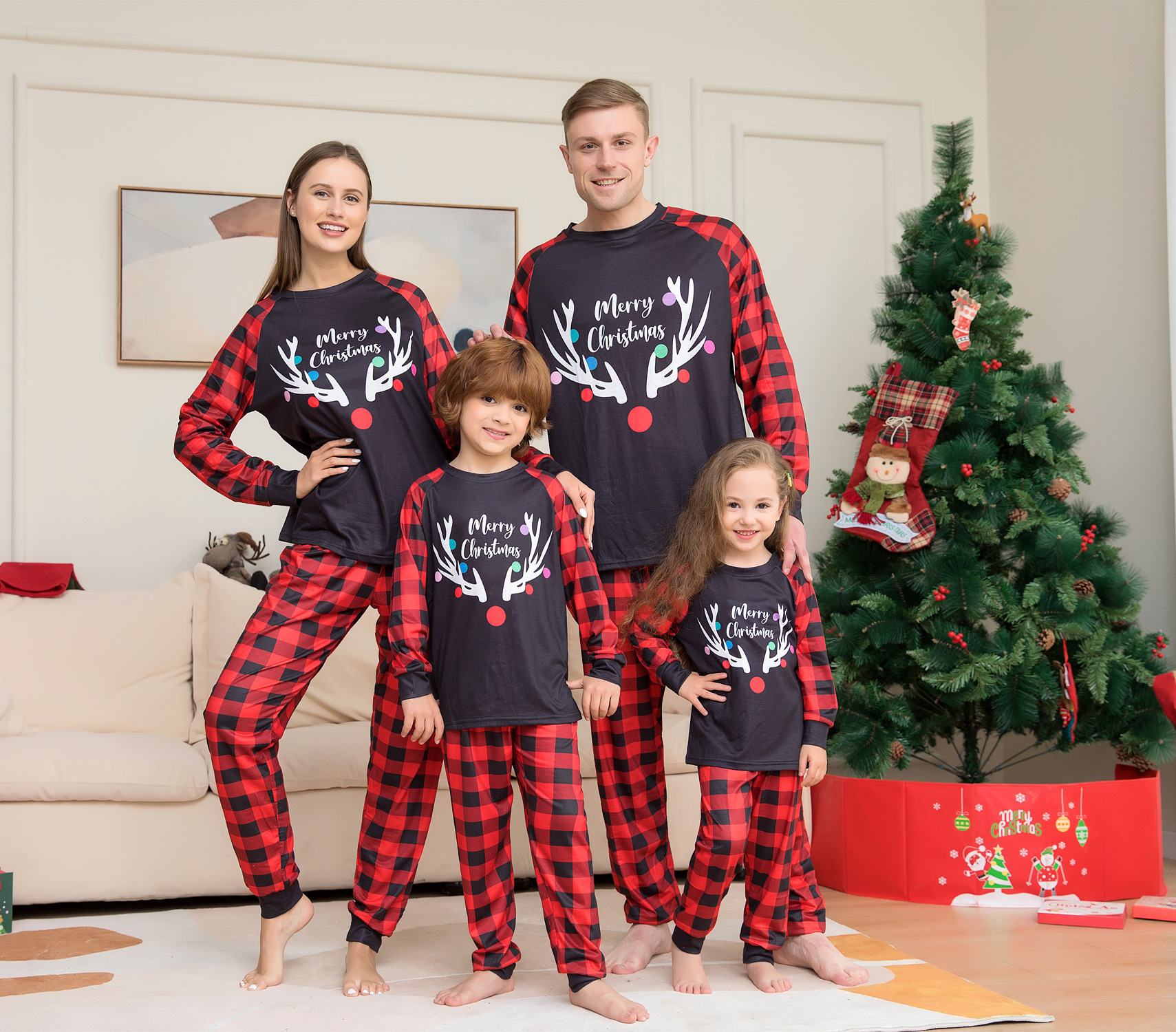 (6M Baby) Christmas family matching pajamas set 2023 Xmas new Santa Claus alphabet Elk print stitching pajamas adult children baby family wear