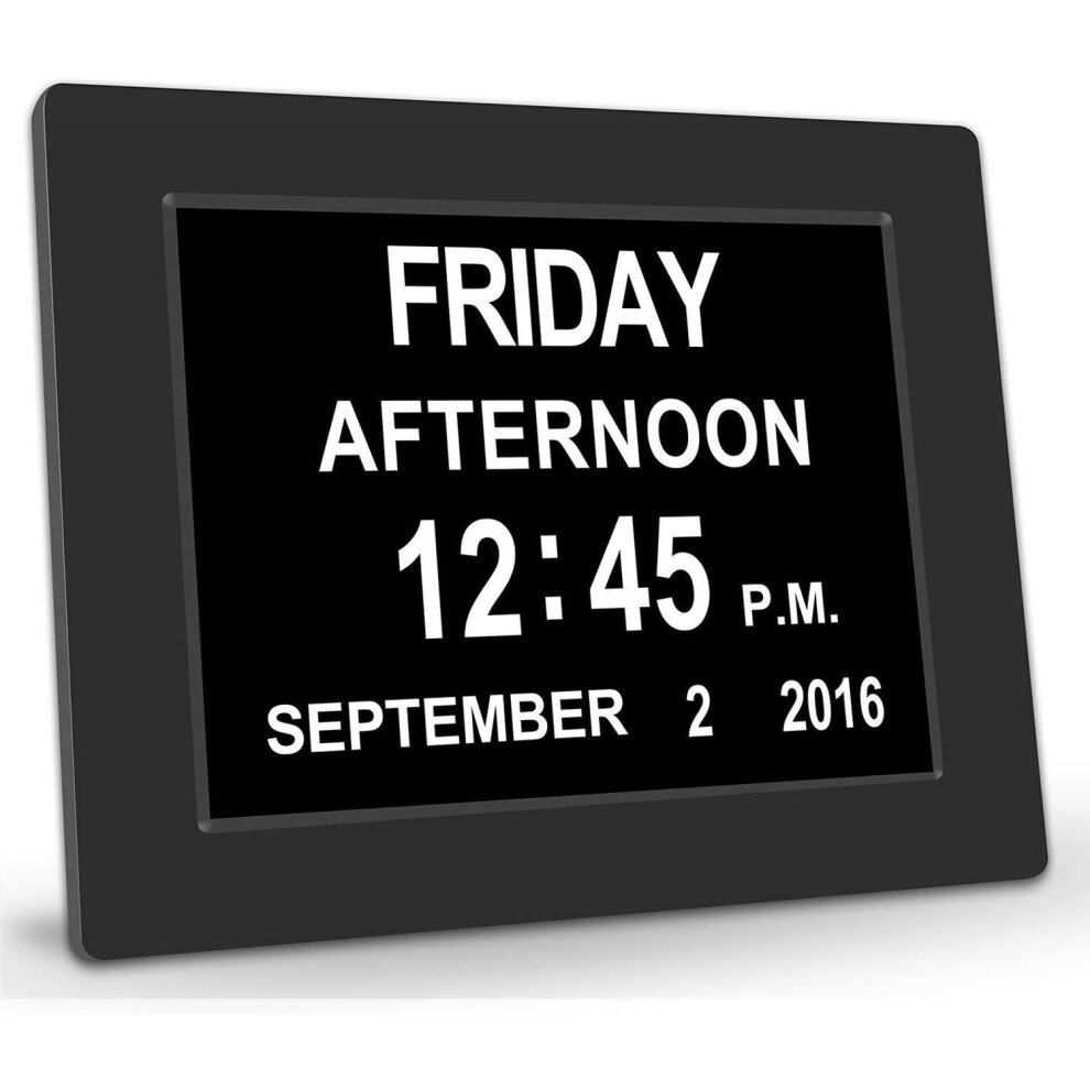 (Black) Digital Alarm Clock Calendar Memory Loss Day Clock with Extra Large Non-Abbreviated Day Month 7 Inch