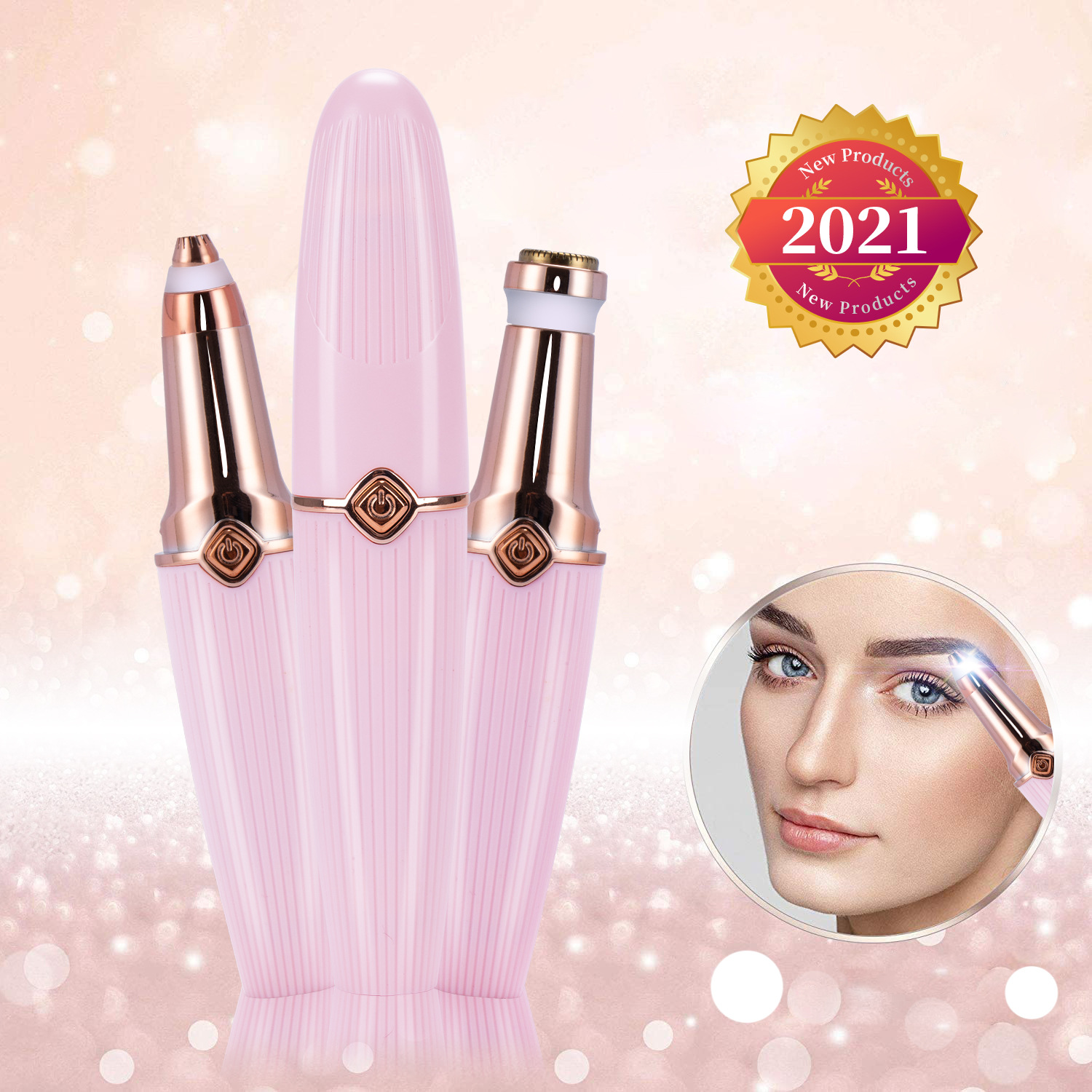 (Pink) Compact 2 in 1 Eyebrow Trimmer Shaver for Women Portable Lipstick Style Grooming Tool