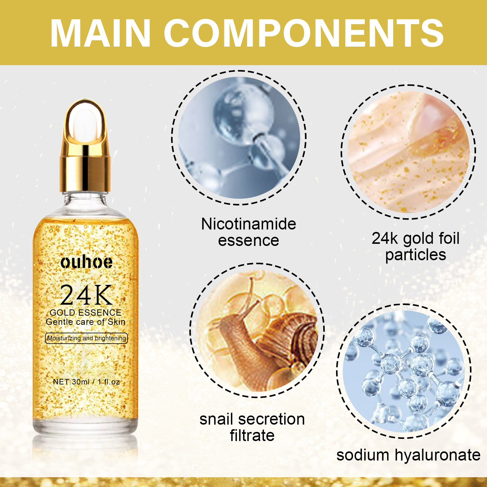 (1 PC) OUHOE 24k Gold Face Serum Moisturizing Brighten Skin Tightening Whitening Rejuvenate the Face Shrink Pores Nicotinamide Facial Serum Anti Aging Essence