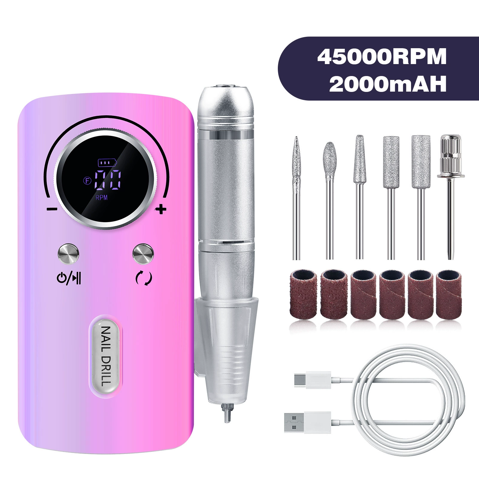 (Pink) 45000RPM Nail Drill Machine Electric Portable Nail File Rechargeable Nail Sander