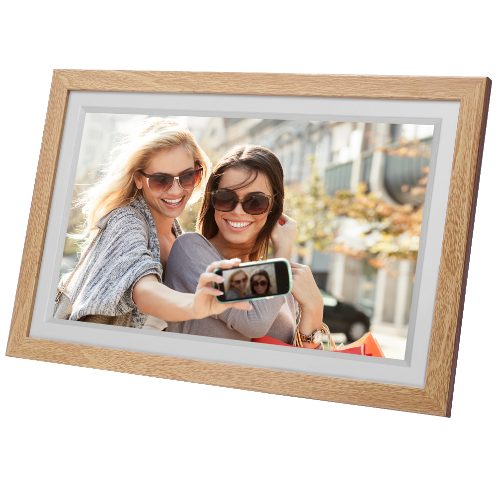 Digital Photo Frame WiFi Wood Frame, Frameo Digital Picture Frame 15.6 Inch, 32GB Memory, 1920 * 1080 HD IPS Touchscreen, Share Photos Videos via Frameo APP, Gifts for Women/Men