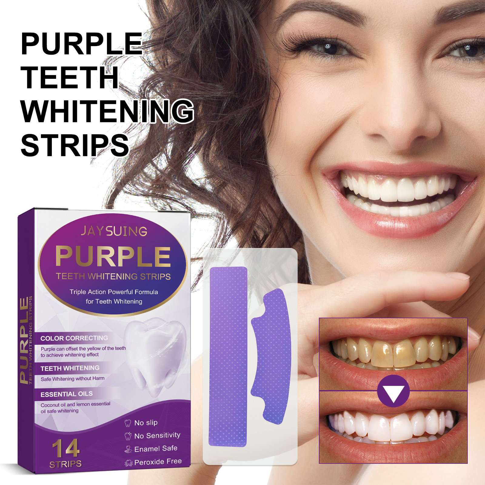 Purple Teeth Whitener Strip Stain Removal Mild Teeth Brightness Strip for Tea Smoking Stains