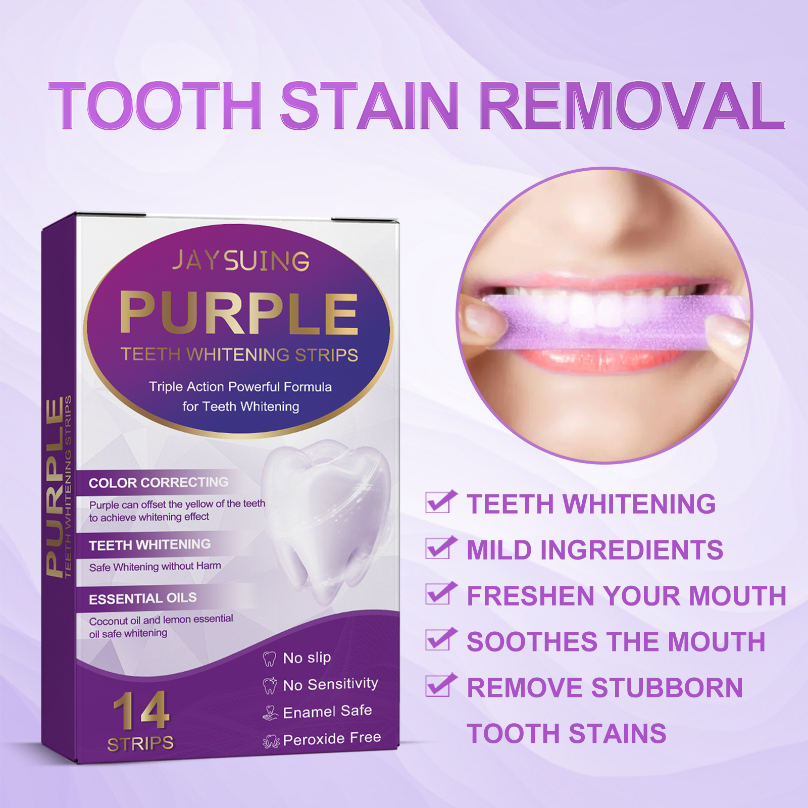 Purple Teeth Whitener Strip Stain Removal Mild Teeth Brightness Strip for Tea Smoking Stains