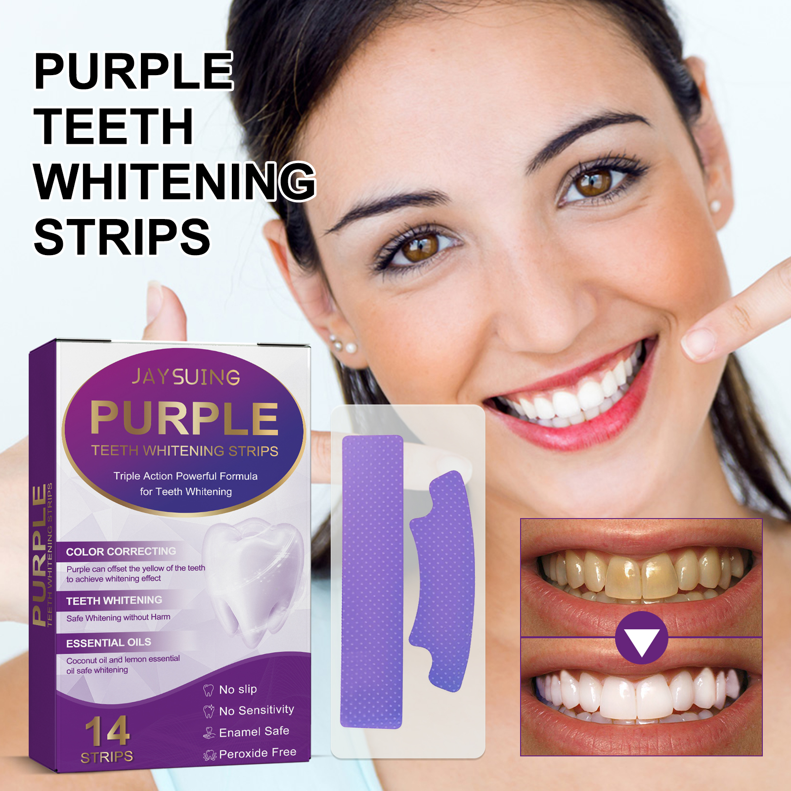 Purple Teeth Whitener Strip Stain Removal Mild Teeth Brightness Strip for Tea Smoking Stains