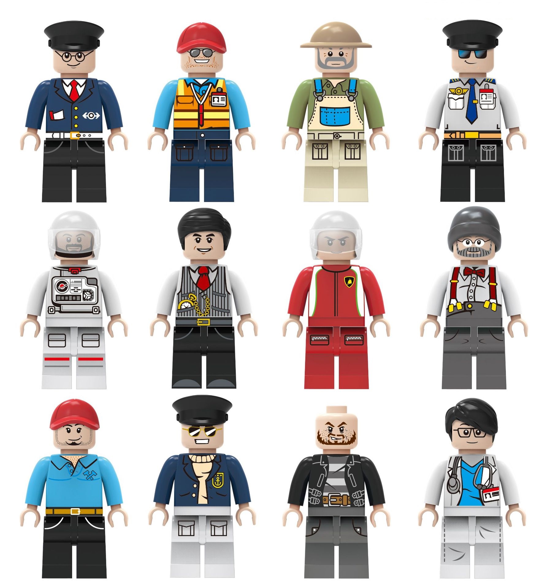 (12 Pcs Professions F) Mini Figures Toys Different Professions Including Police Doctor Astronaut Farmer Building Blocks Role Play Collection Happy Playset for Kids