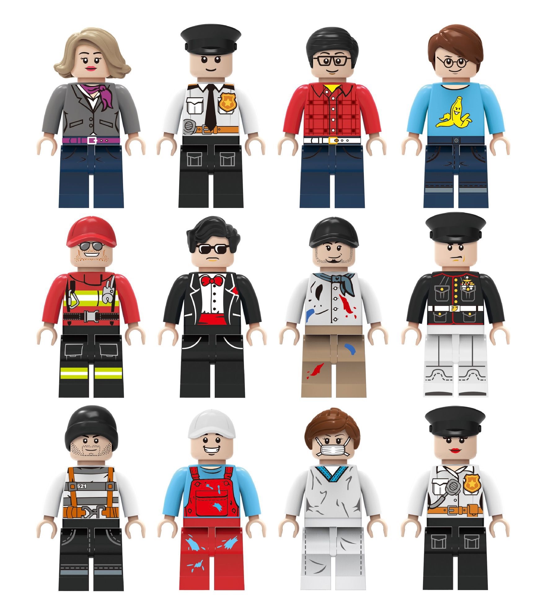 (12 Pcs Professions F) Mini Figures Toys Different Professions Including Police Doctor Astronaut Farmer Building Blocks Role Play Collection Happy Playset for Kids