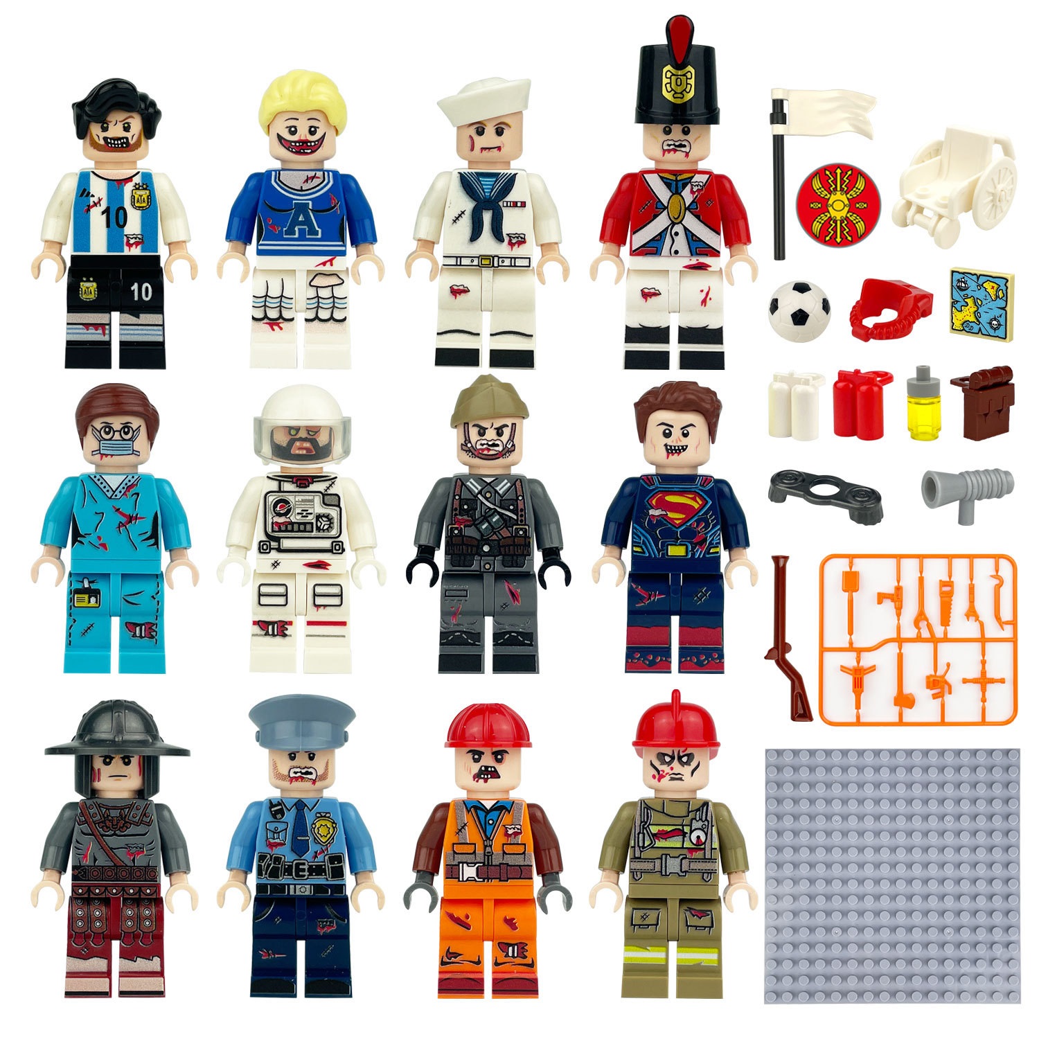 (12 Pcs Professions F) Mini Figures Toys Different Professions Including Police Doctor Astronaut Farmer Building Blocks Role Play Collection Happy Playset for Kids