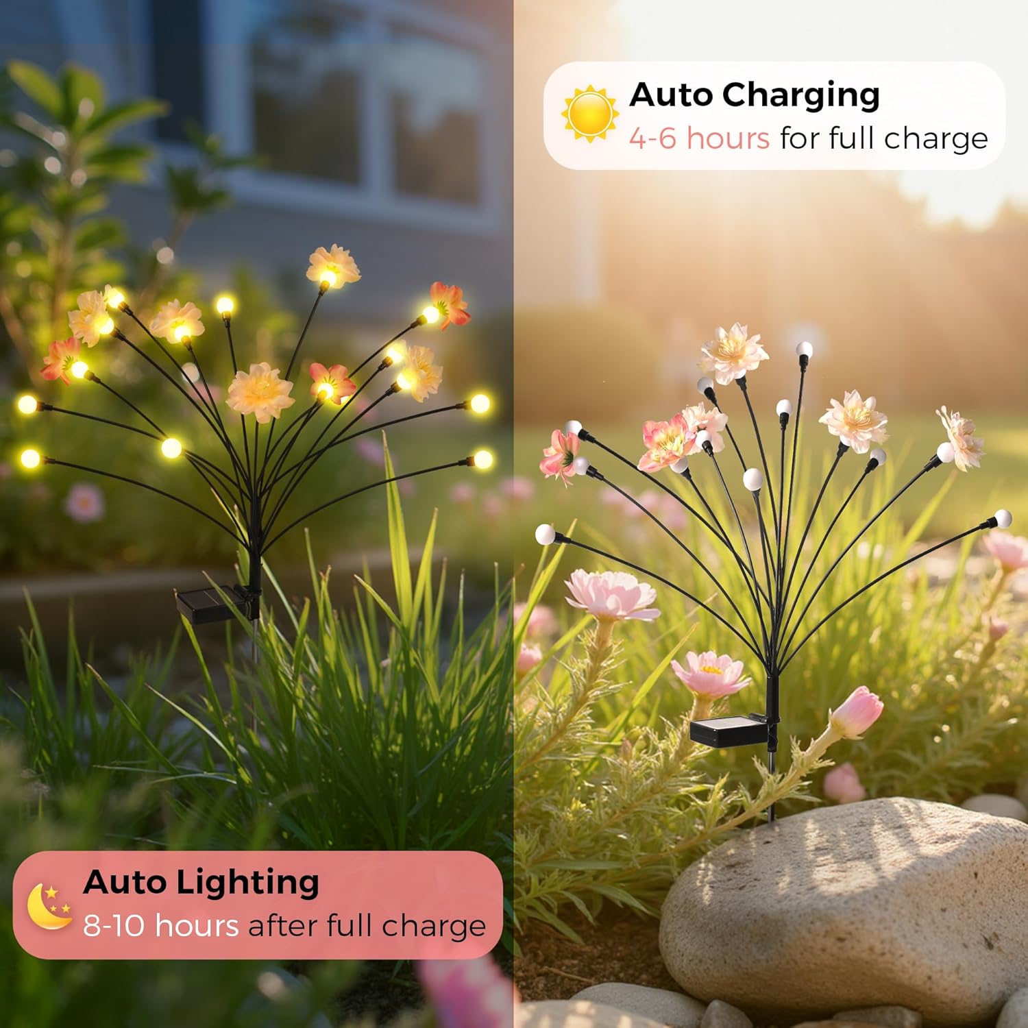 (4pcs) Solar Lights Outdoor Garden Waterproof Upgraded  Outdoor Solar Swaying Flowers Lights Firefly Garden Light for Pathway Yard Patio Decoration