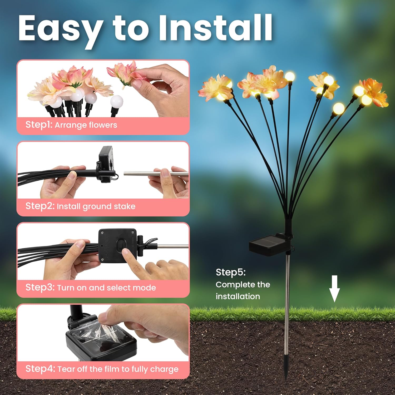 (4pcs) Solar Lights Outdoor Garden Waterproof Upgraded  Outdoor Solar Swaying Flowers Lights Firefly Garden Light for Pathway Yard Patio Decoration