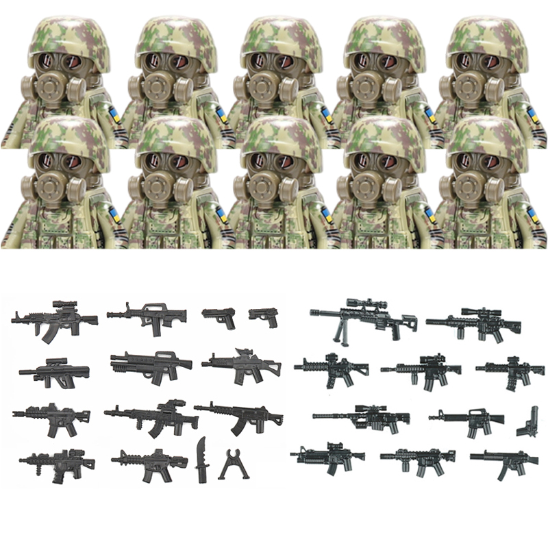 (10 PCS B) Military Soldier Ukrainian Biochemical Special Forces Building Blocks Army Figures Gas Mask Weapons Bricks Toys For Children