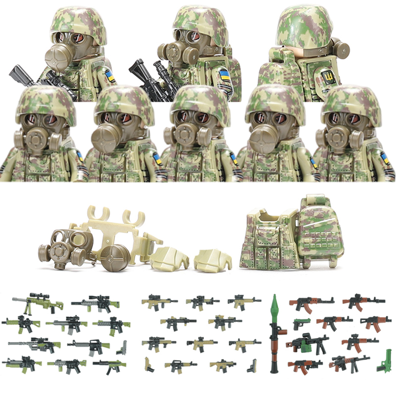 (10 PCS B) Military Soldier Ukrainian Biochemical Special Forces Building Blocks Army Figures Gas Mask Weapons Bricks Toys For Children