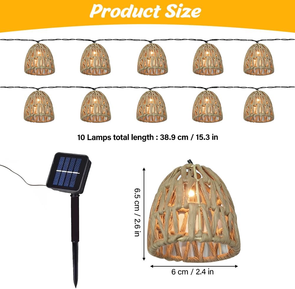 Solar Lights Outdoor Garden String 3.8m Rattan Ball String Lights Bohemian Style Solar Fairy Light with 10 Paper Rattan Balls IP66 Waterproof Solars Garden Lant