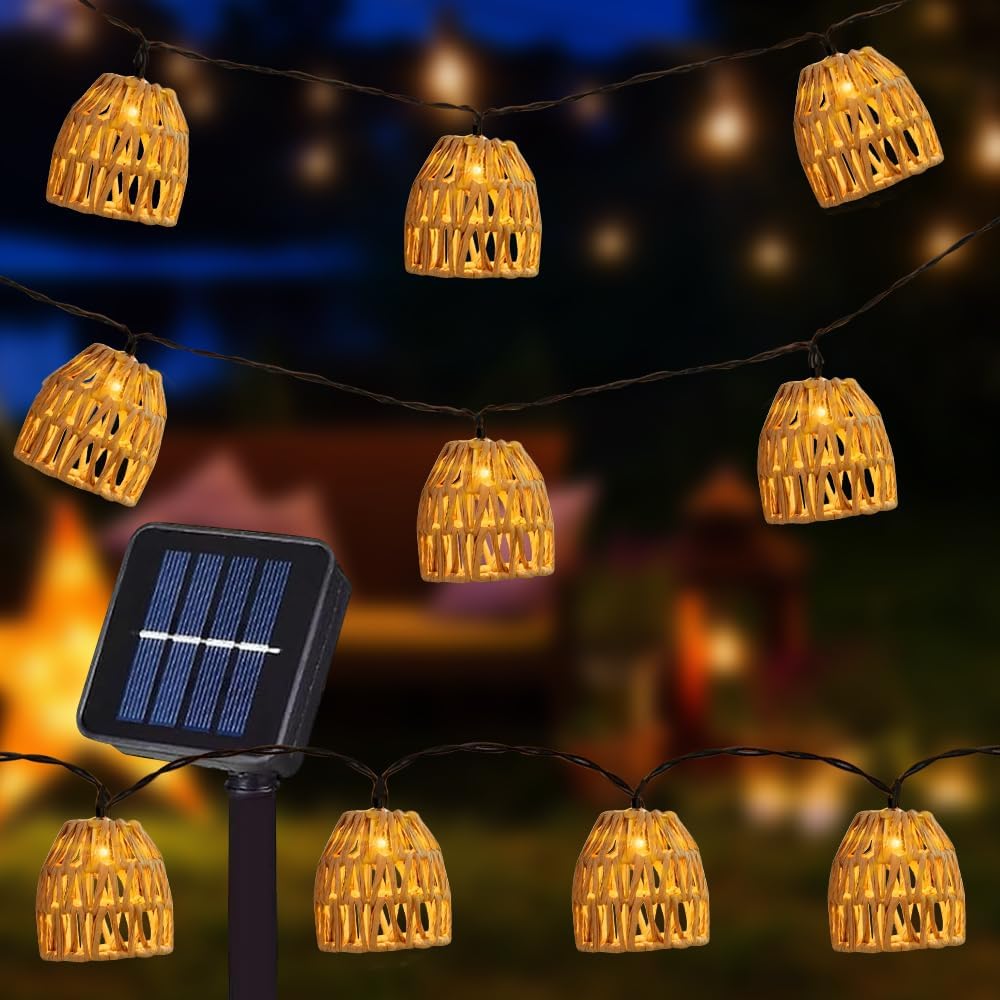Solar Lights Outdoor Garden String 3.8m Rattan Ball String Lights Bohemian Style Solar Fairy Light with 10 Paper Rattan Balls IP66 Waterproof Solars Garden Lant