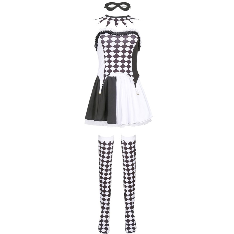 (XL) Drag Queen Vampire Clown Outfit Halloween Costume Devil Suit Role Play Check Harlequin Attire
