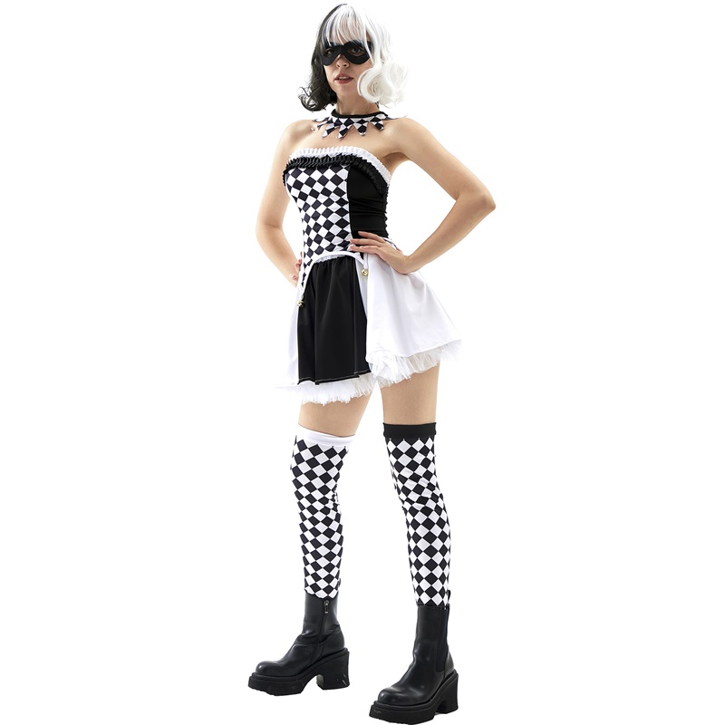 (XL) Drag Queen Vampire Clown Outfit Halloween Costume Devil Suit Role Play Check Harlequin Attire