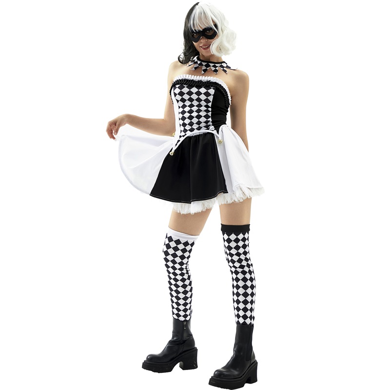 (XL) Drag Queen Vampire Clown Outfit Halloween Costume Devil Suit Role Play Check Harlequin Attire